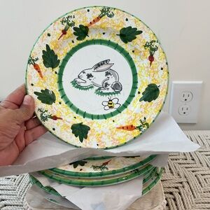 Lot of 4 White Bunny Hand Painted Italian Dinner Plate by Present Tense
